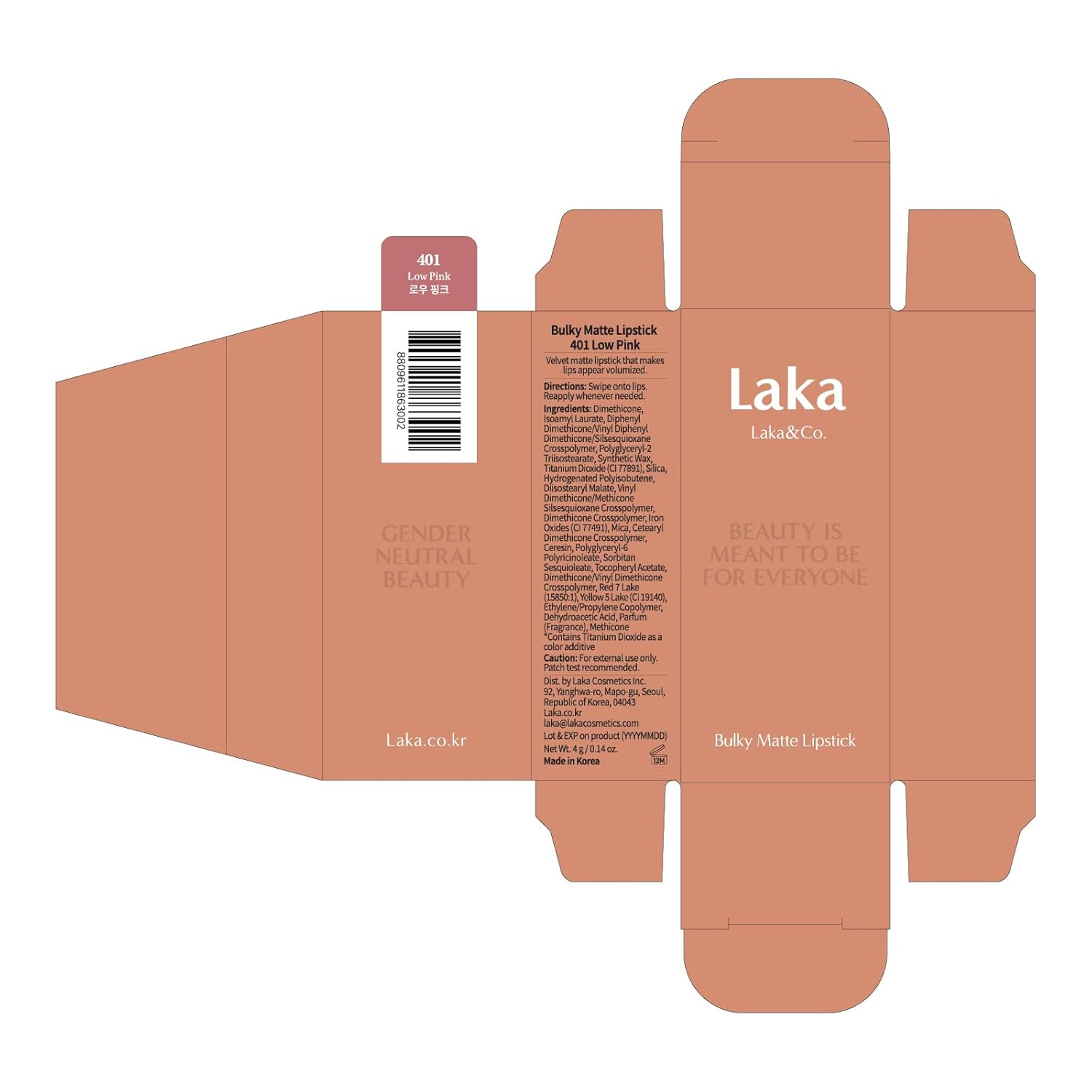 Laka Bulky Matte Lipstick, 4g/0.14oz., Long Wear, Non-Drying Lip Stain Stick with High Pigmentation, Voluminous Lips, K-Beauty (#401 Low Pink)